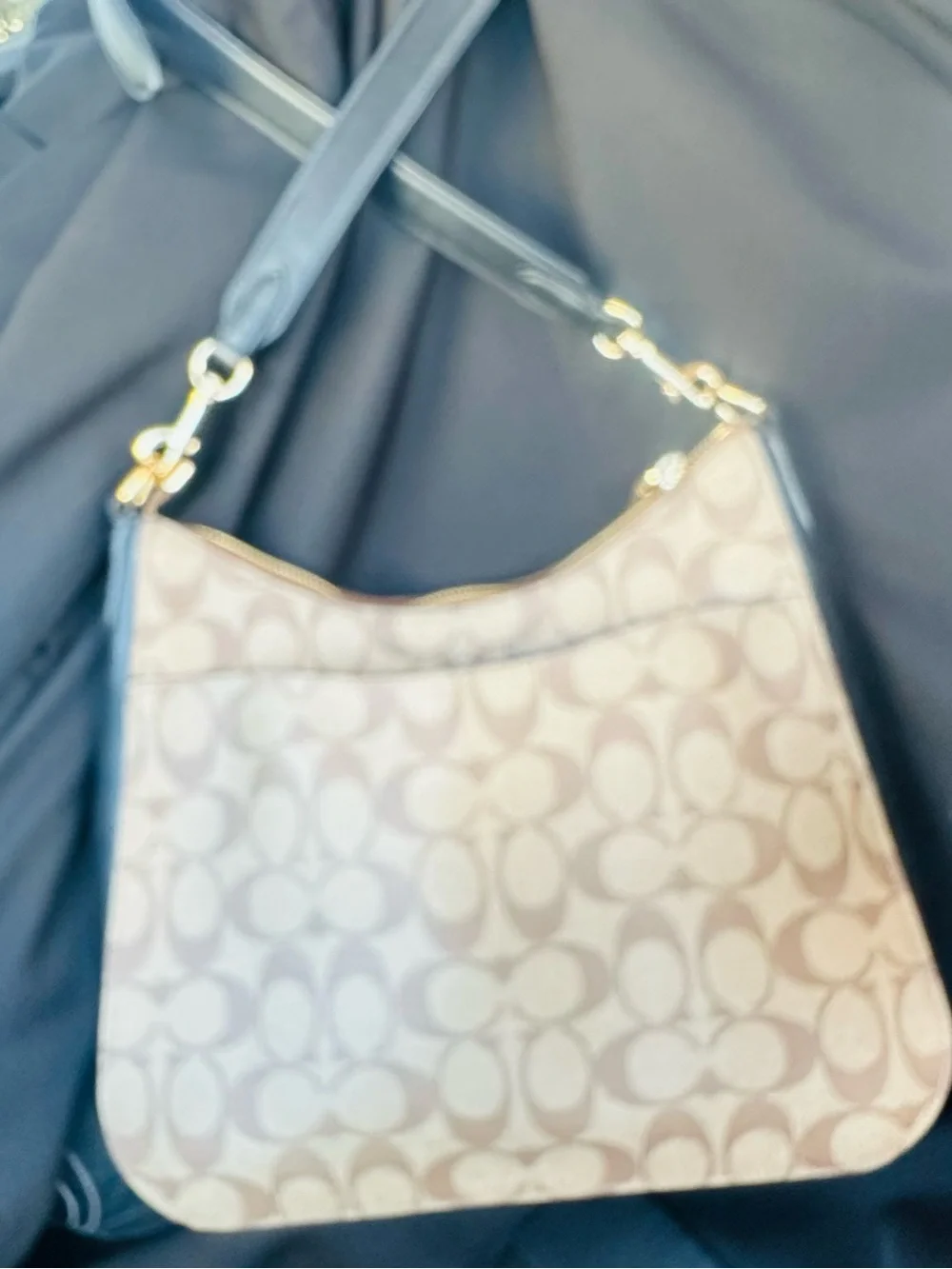 Coach Signature Canvas Shoulder Bag with Red Center Stripe and Black Trim
